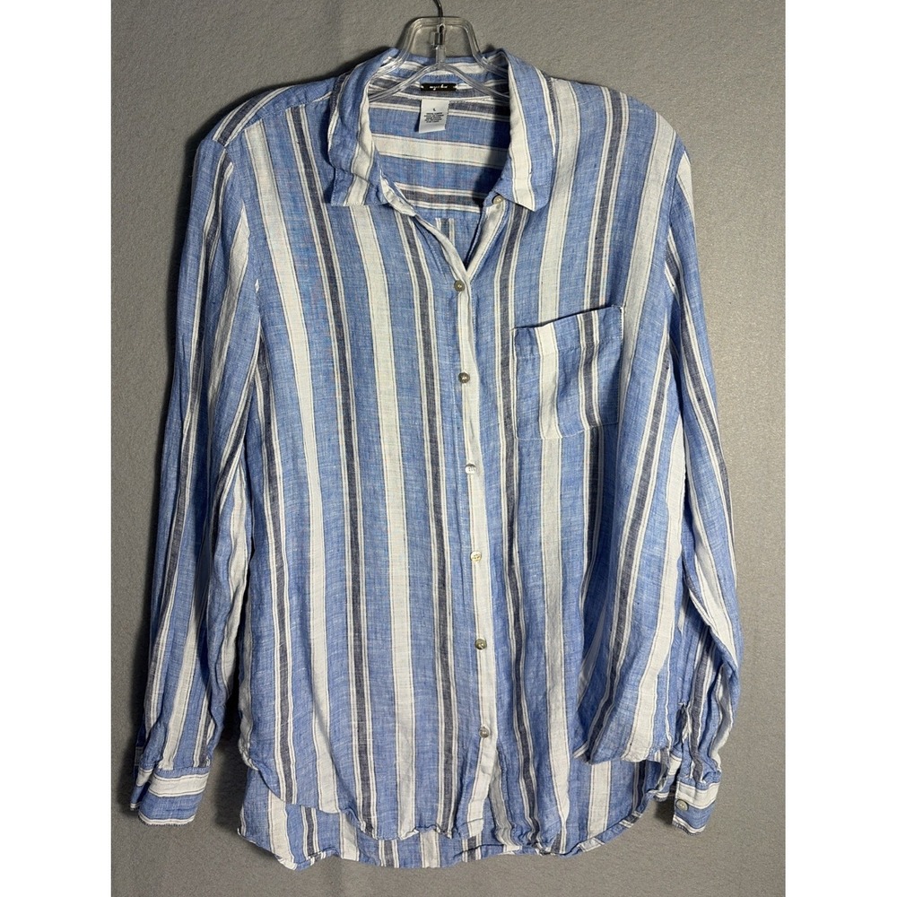 100% Linen  Button Front Shirt Women's Size L Blue White Stripe Preppy Coastal